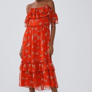 Zara red floral off shoulder ruffle midi dress